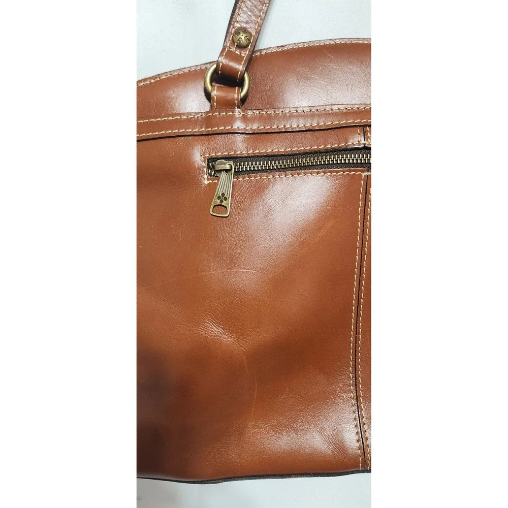 Patricia Nash Poppy Cognac Brown Leather Shoulder Bag Tote Contrast Stitching